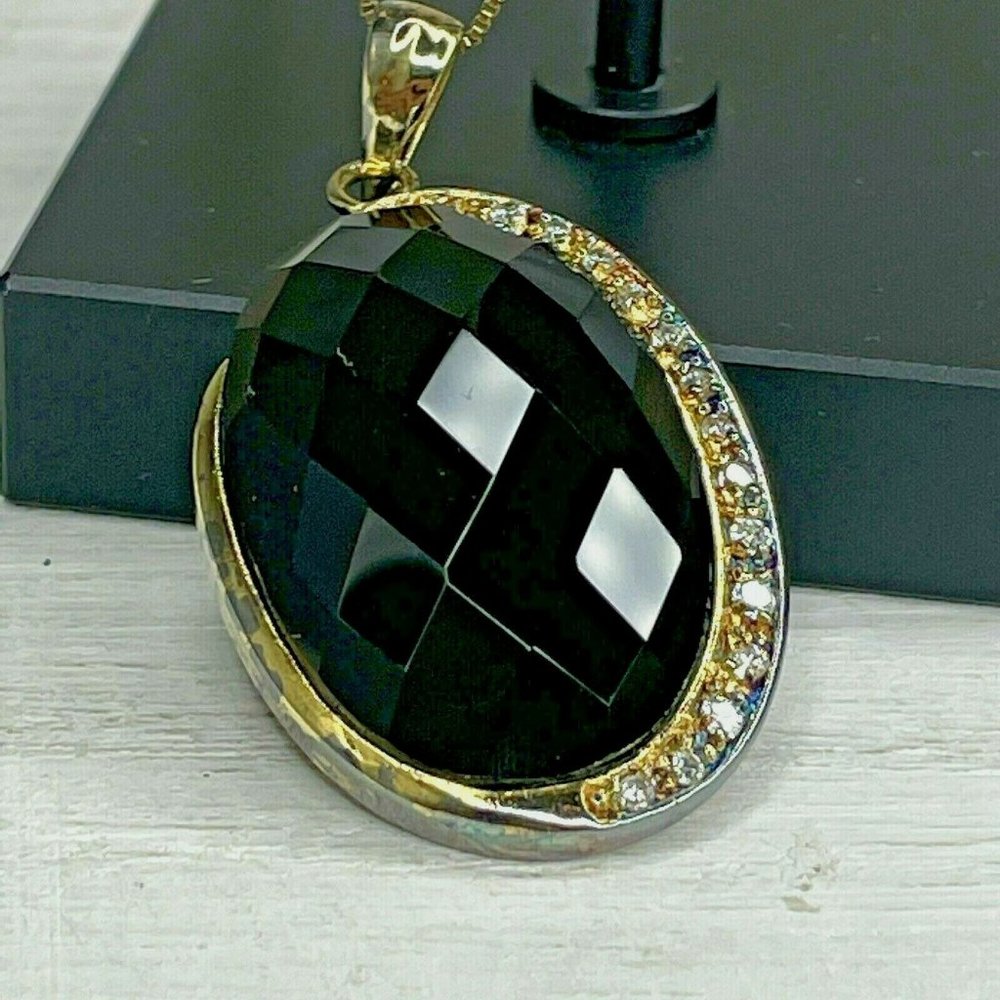 ADI Black Onyx Clear CZ 925 Sterling Silver Gold Plate Pendant Necklace 18"